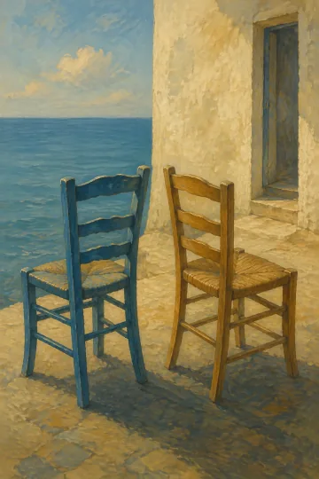 Два деревянных стула стоят рядом на светлом каменном полу: синий повернут к морю, золотистый – к открытому дверному проему. Их тени встречаются между ножками.